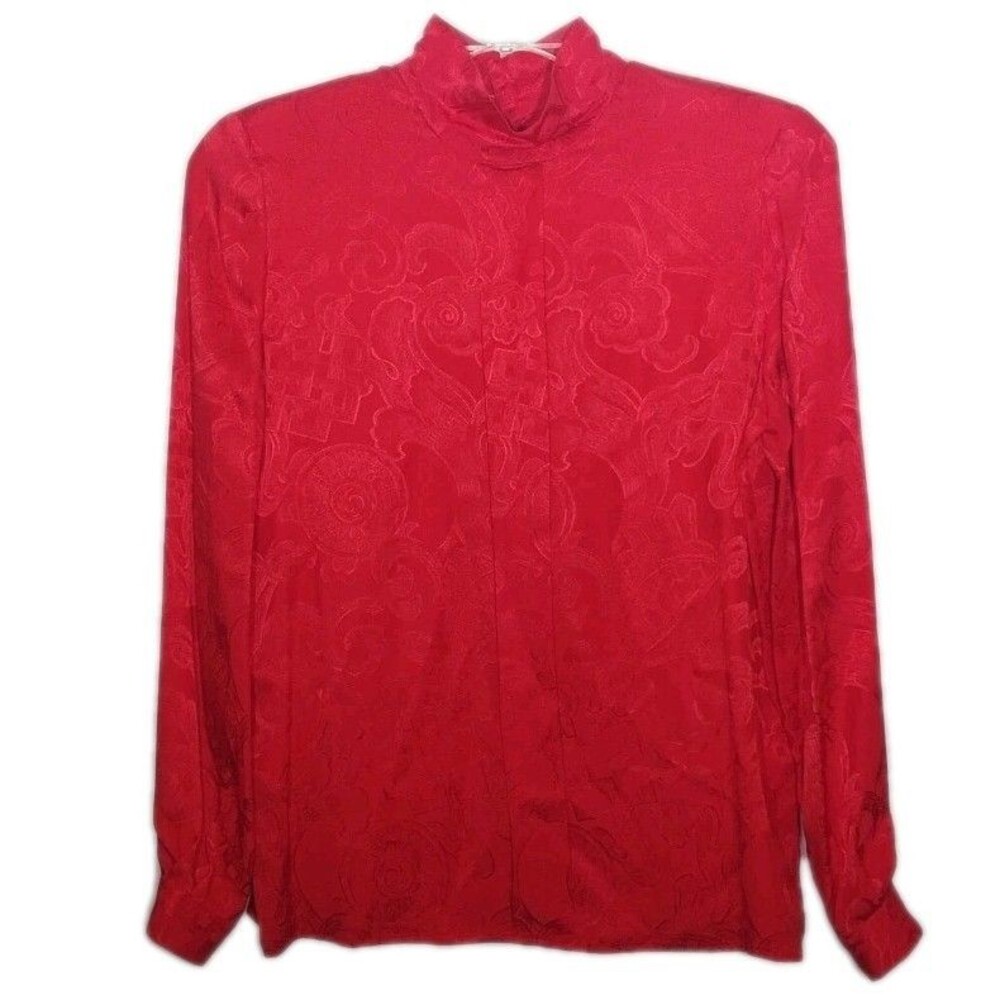 VTG Valentino Miss V Silk Jacquard Top Red IT 42 Italy Button Up Quiet Luxury